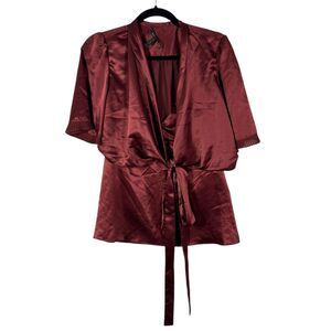 BCBG Max Azria Burgundy Satin Babydoll Wrap Flutter Sleeve Blouse Size Small